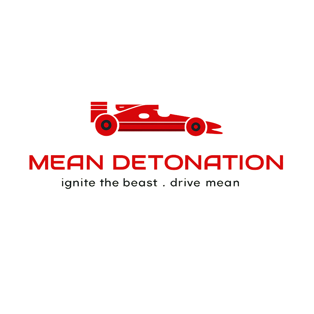 Logo for Mean Detonation featuring a stylized racing car and the slogan 'ignite the beast . drive mean'.